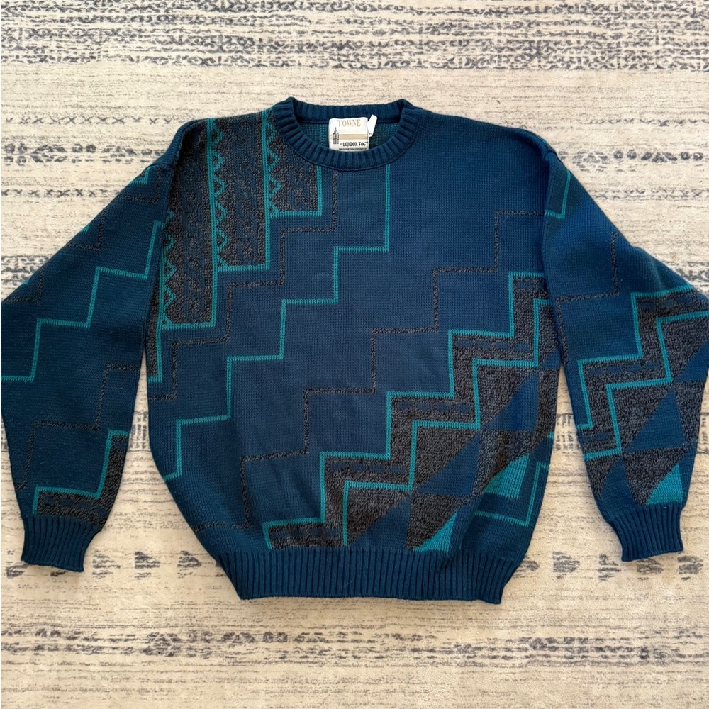 Vintage 80s Towne London Fog Gray White Acrylic Sweater Mens L USA Geometric 80'